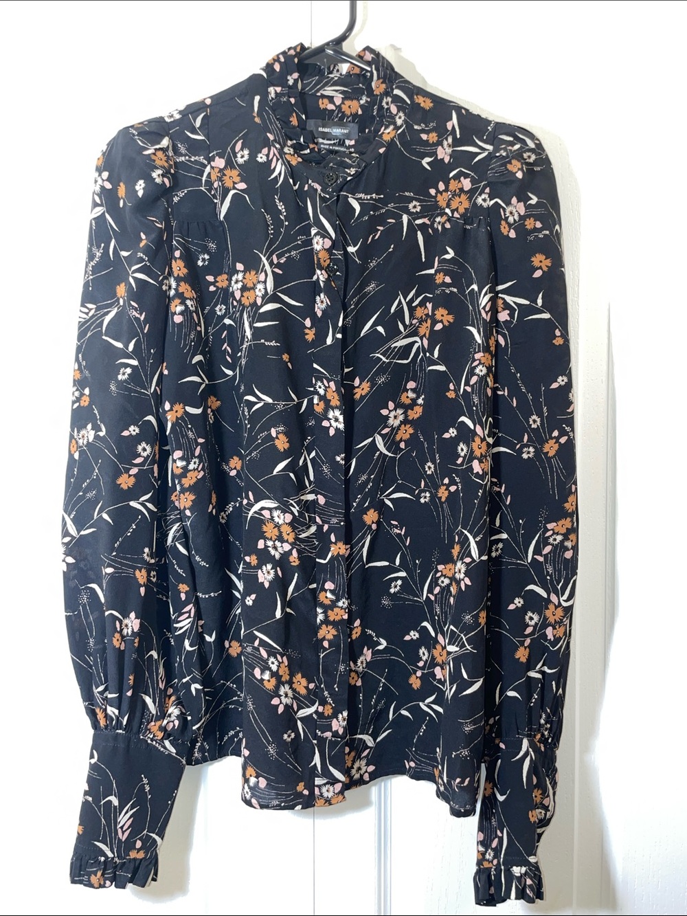 Isabel Marant 100% Silk Black Floral Tie-Neck Blouse Jacket